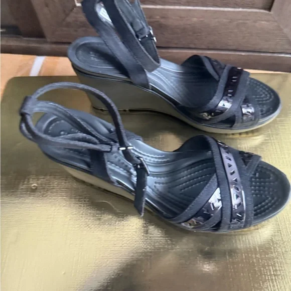 CROCS Black Wedge Sandals with Adjustable Ankle Strap - Picture 2 of 5